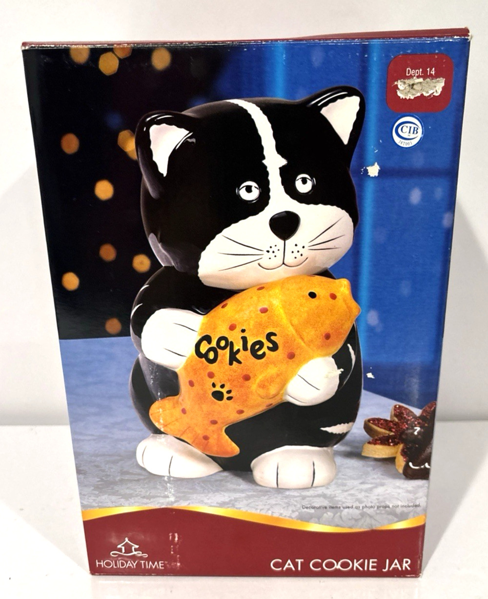 Vintage Holiday Time Black & White Cat Cookie Jar Fish Ceramic Open Box New
